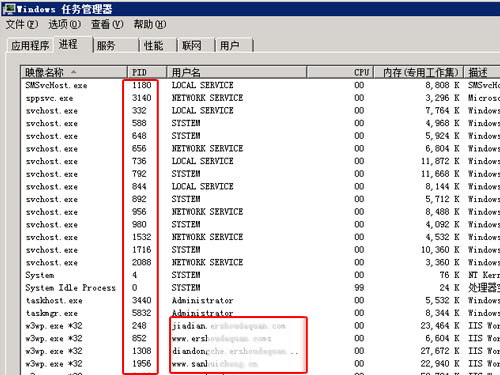 网站进程pid和内存使用量